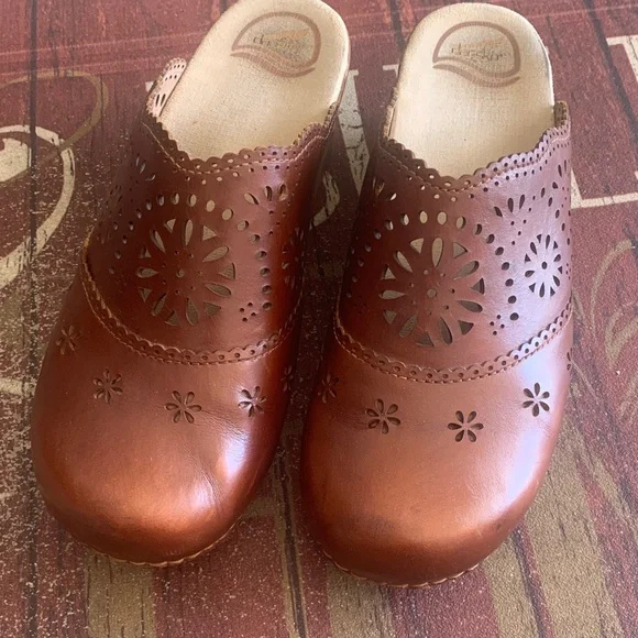 Dansko Brown Leather Clog Mules with Cutout Floral Design - Picture 2 of 2